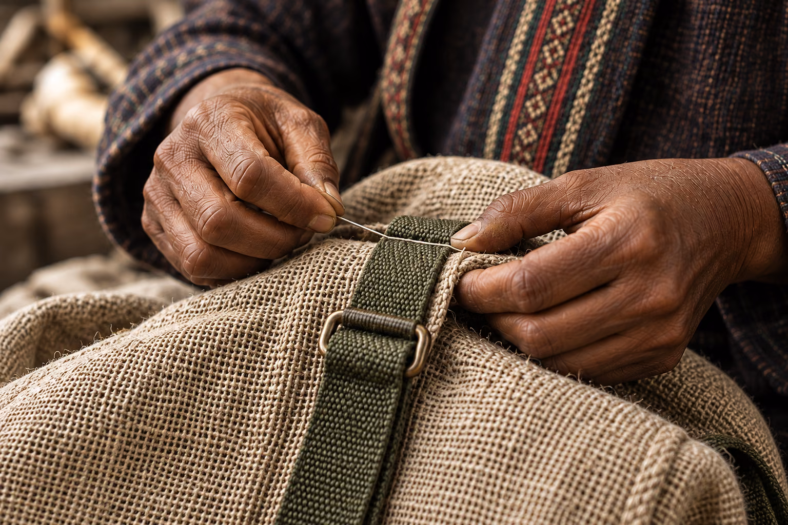 Hands stitching olive webbing into a hemp bag
