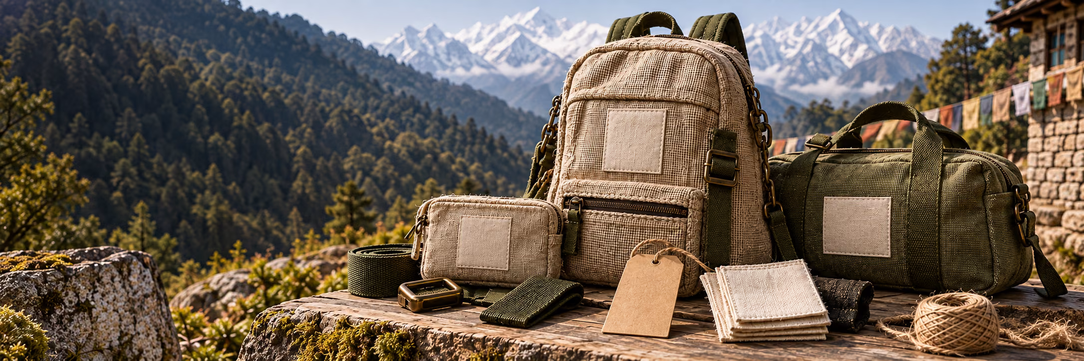 Hemp bags, blank labels and webbing arranged on a mountain worktable