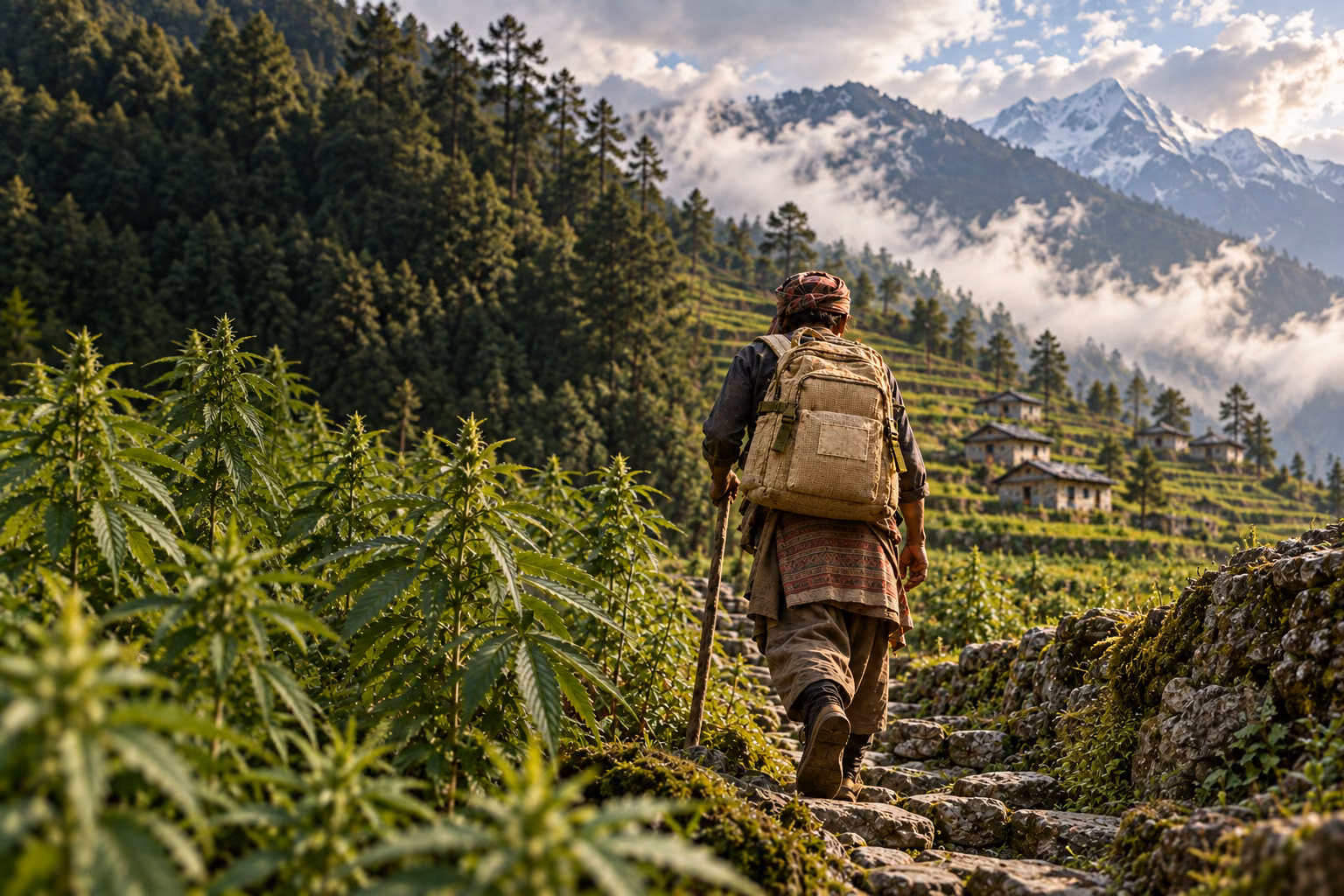 A person carrying a hemp backpack through a highland village
