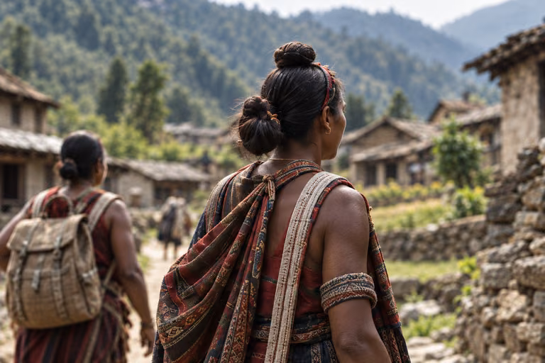 A person in traditional patterned clothing in a village