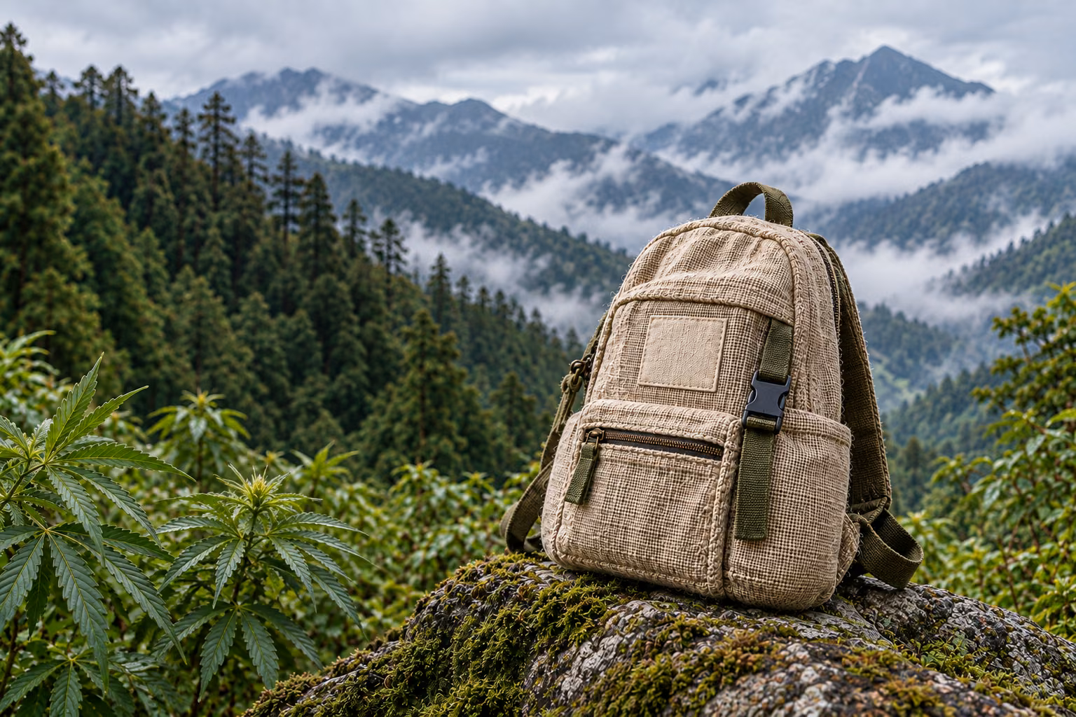 Raw hemp backpack on a mossy rock with misty mountains behind